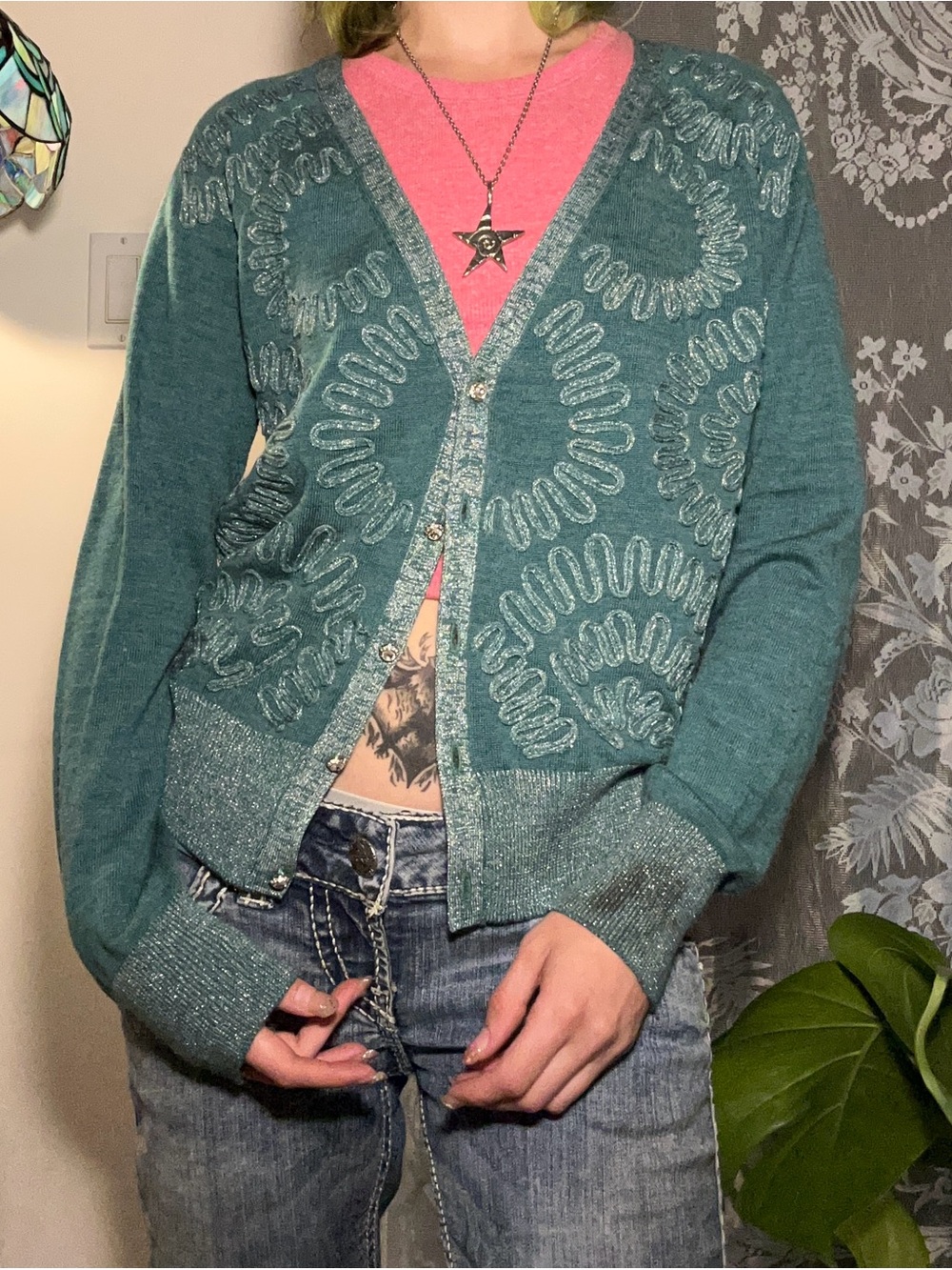 Vintage Calvin Klein Teal Embroidered Metallic Cardigan